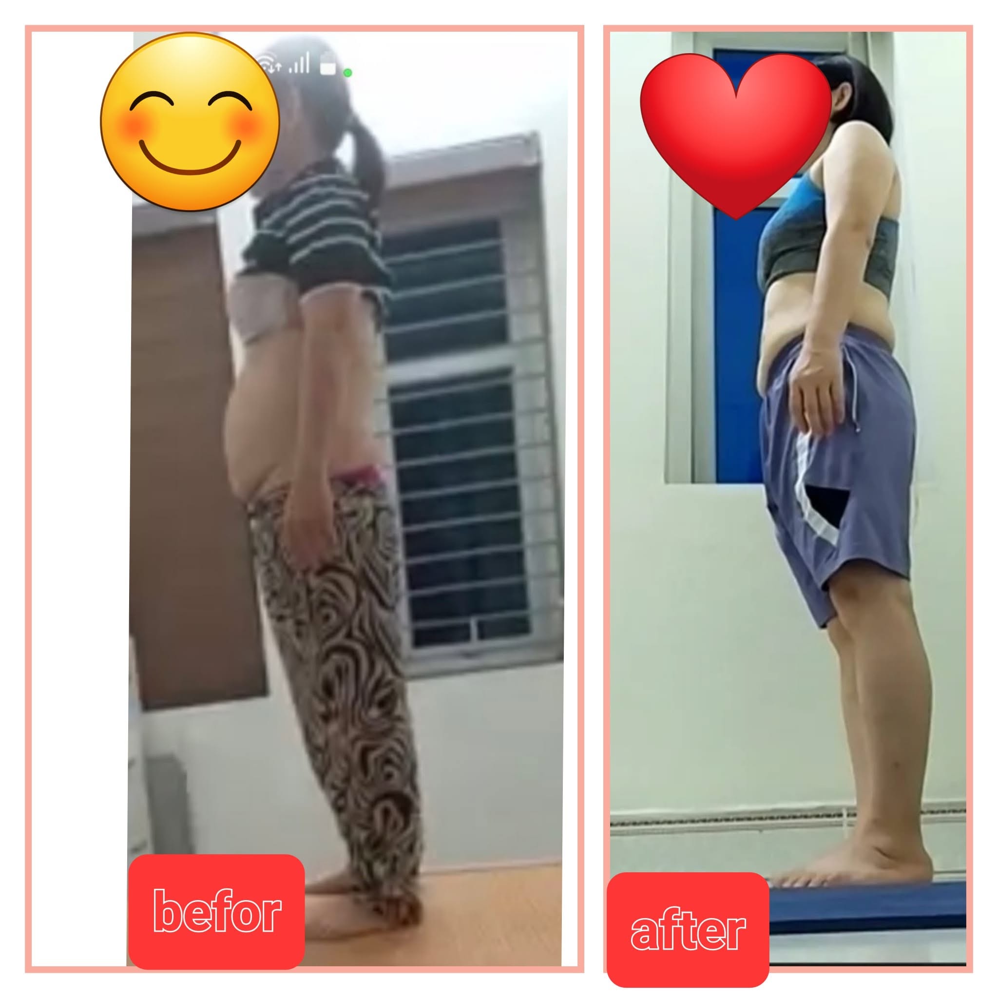 Ảnh dáng đứng nghiêng của học viên trước và sau khi tập: bụng gọn hơn, đứng thẳng hơn