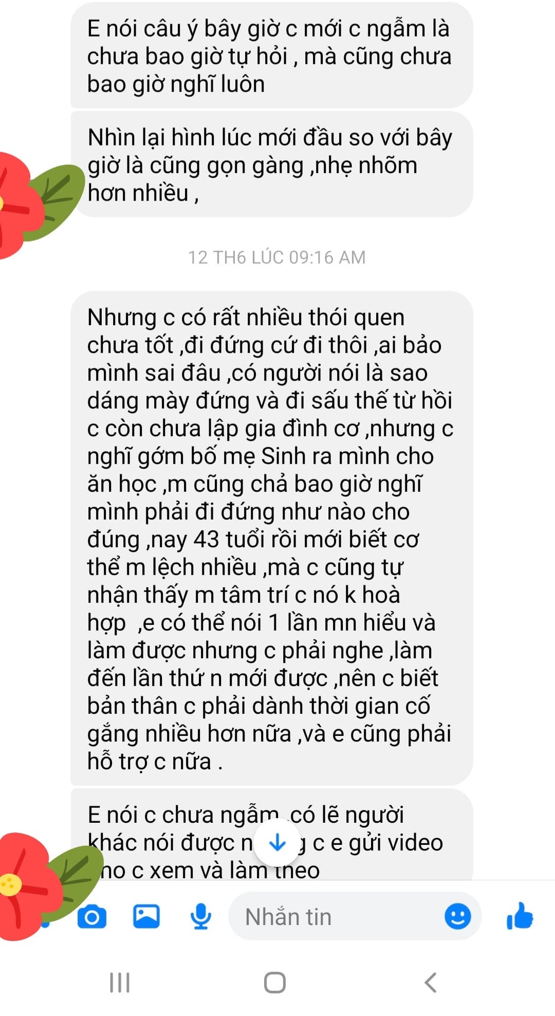 Tin nhắn học viên 43 tuổi chia sẻ nhận ra cơ thể lệch và quyết tâm tập đúng định tuyến