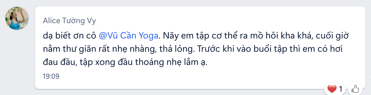 Tin nhắn học viên Alice Tường Vy chia sẻ cảm nhận sau buổi tập